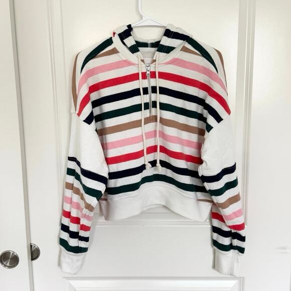 Aerie Restart Quarter Zip Striped Preppy Tie Neck Quarter Zip Cropped Hoodie XS - Picture 2 of 6